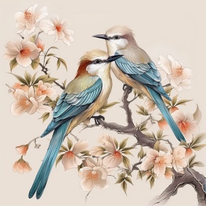 中国风格艺术插画与刺绣：复古鸟类与植物艺术
