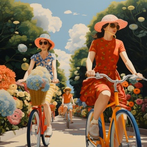 骑车戴头盔上班的女性 路过公园 开着各色炫彩的花 眼光洒在路面上 路边有树 郁郁葱葱
