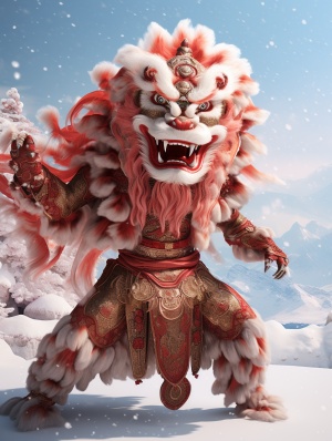 红色醒狮站在雪地上，采用龙的艺术风格，动态和富有表现力的动画，sparklecore，东方风格，32k uhd，闪亮的眼睛，文化图案