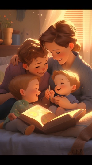 Mother, a son and two daughters, the son is a brother, reading a book in a warm bedroom, comfortable. Animation, cuteness and color, long-distance and long-distance high detail. High-quality, physics-based rendering style, Bi Gong, octane renderer, realistic picture, soft light Pixar style characters. Low angle shooting, super realistic oil painting, exaggerated perspective. Realistic 8k-ar 2:3-s 750-q 2