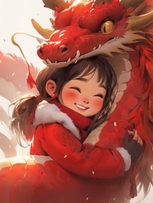 中国元素红色龙与小女孩的喜庆迎新年