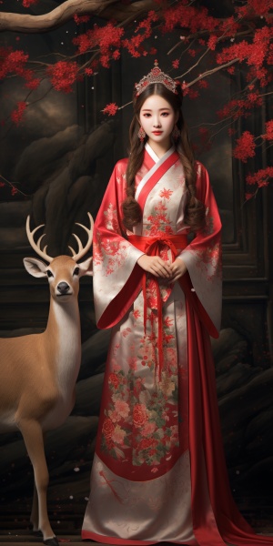 32k画质，祥瑞环绕的中国九色鹿与一位穿着汉服的长发红衣少女，传统中国风，细节要丰富，背景是在新年的街道上，分辨率要最高，高级感，有质感，要展现九色鹿的栩栩如生细节，要展现出女孩绝美的五官轮廓，整个画面要显得气势磅礴、雄伟壮丽，给人一种令人惊叹的感觉。