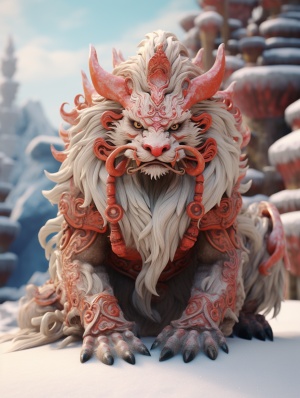 中国古代艺术影响下的3D狮子模型在雪地上的奇特设计