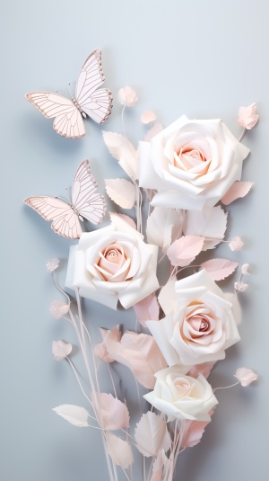 silk made roses and butterflies are shown on white silk, in the style of soft and dreamy tones，light dreamy color, daz3d, resin, 32k uhd, wimmelbilder, simple and elegant style