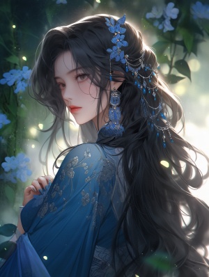 长发和蓝色服装的中国女孩，在黑暗浪漫的插图风格，32k uhd，童话学术界，精致的花朵，majismo，特写，古典人物