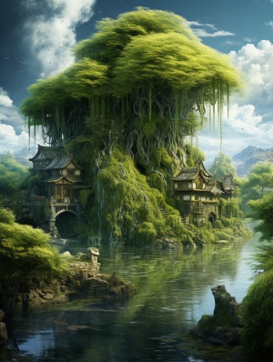 Digital Fantasy Scenery: Willow Tree and Rural Punk