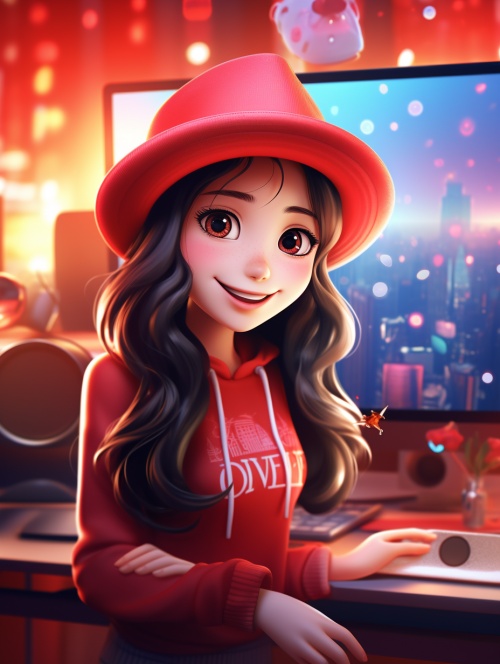 一个超级可爱快乐的长发美女,拿着麦克风,站在电脑屏幕前，穿着红色毛衣和帽子,大大的明亮的眼睛,甜美的微笑,全景，远景，中国新年背景,明亮的颜色,自然光线,超清晰,超逼真,超精细,16K,3D,HD 8k