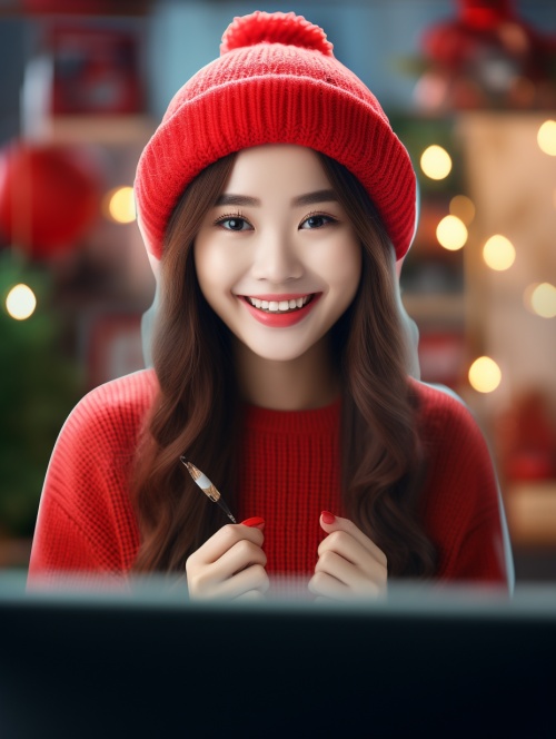 一个超级可爱快乐的长发美女,拿着麦克风,站在电脑屏幕前，穿着红色毛衣和帽子,大大的明亮的眼睛,甜美的微笑,全景，远景，中国新年背景,明亮的颜色,自然光线,超清晰,超逼真,超精细,16K,3D,HD 8k
