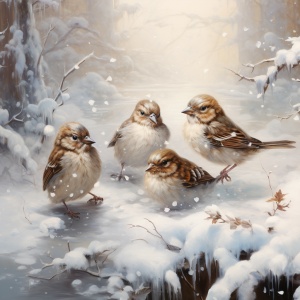 小麻雀们共享冰天雪地中的乐趣