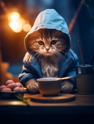 温馨金渐层小猫咪穿夹克戴蓝帽前桌吃面