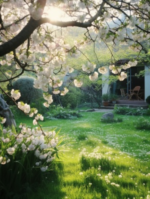 清晨花园绿植围绕梅花盛开真实拍摄