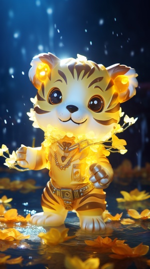 可爱的老虎站在水上的黄色光芒背景下