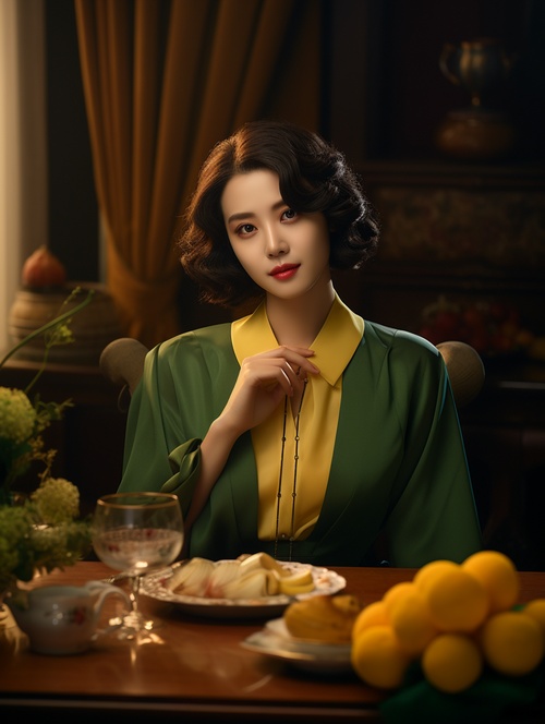 the mrs quans a movie about life inchinese society, in the style of noiratmosphere, dark yellow and lightgreen, candid celebrity shots,festive atmosphere, handsome, movie still, soft and rounded forms ar 128:85