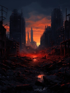 末世废墟，烈火缭燃，孤独的一个人，孤寂，冰冷建筑，残破不堪