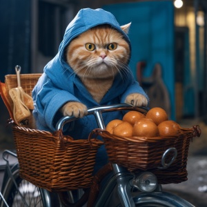 胖胖橙色小猫咪在自行车和电动车上送食物