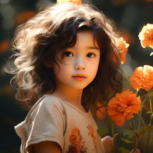 可爱的小姑娘与花卉在8k超高清下的逼真超细节渲染