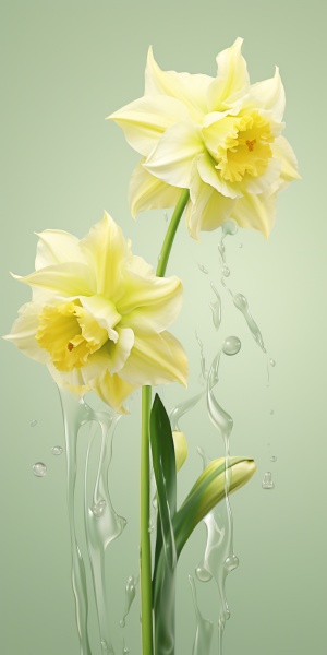 淡淡绿色，水仙花海报，两三支水仙花，水花飞溅，纯色背景，插图，浅色，精细细节，8k-ar 9:16