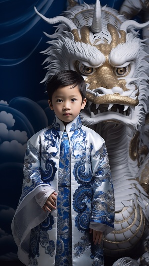超现实主义儿童摄影：中国男孩与青花瓷龙的超高清大师级作品