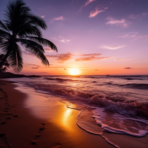 A serene beach at sunset, with golden sand stretching as far as the eye can see, gentle waves crashing onto the shore, a glowing orange sun sinking below the horizon, warm hues of pink and purple filling the sky, a solitary palm tree swaying in the breeze, fine art photography, shot with a wide-angle lens ar 16:9