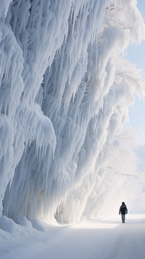 透明照片中的雪中孔雀水杉和冰雾景观