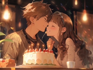 一个男孩一个女孩生日日常，在给女孩戴项链，在亲吻男生，在吃蛋糕，在闭着眼睛许愿，宫崎骏风格，明亮的灯光，超高清画质