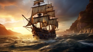 电影《加勒比海盗》中的一艘亡灵海盗船行驶在波涛汹涌的大海上乘风破浪 高清 写实主义 真实的 细节 8K超高清