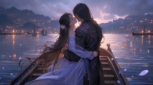 一个穿紫色汉服的美少女和一个身穿蓝色汉服的美少年站在豪华大船上拥抱，看着远处的湖面，夜晚，乌云密布，打雷闪电，下雨
