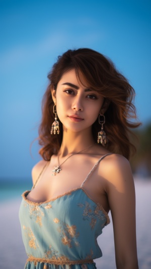a cute girl in Maldives style of earrings and Maldives style of dressa ,Her eyes were smeared with Mascara and colored contact lenses, front view, full body, mid lens,Frontal, facial symmetry, shoulders, in the style of yuumei, Colorful, 8k uhd, dslr, soft lighting, high quality, film grain, Fujifilm XT3 niji 5