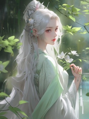 一朵花的花朵上有着白色长发的中国女孩，神仙学院的风格，深白浅绿，浅白浅银，我不敢相信这是多么美丽，光滑闪亮，现实而浪漫，fawncore