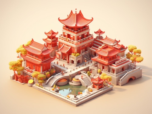 festival 3D architecture ,Chinese Traditional Culture, Yellow, Red, Clay Material, Isometric, 3D Rendering, Smooth, Realistic Lighting and Color Usage, Soft Gradient, Nintendo Trend, Simple Background, Best Detail, High Definition, High Resolution