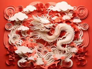 Auspicious clouds, Chinese zodiac dragon Chinese New Year greeting card, modern collage, paper cutting design, paper cutting art, paper mix art illustration, red background, super high detail, HD quality, 32K