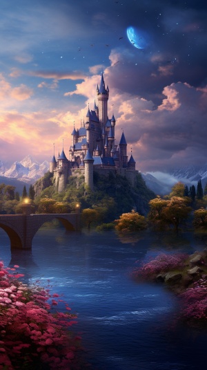 远处中世纪城堡，蔷薇花河畔的蓝宝石景色