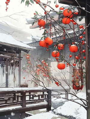 “心想事成”，满树红柿子，特写，柿子树，雪，灯笼，瓦房，中国水墨，高画质