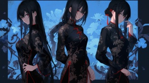 亚洲三姐妹，纤细，刚强，全身黑色，幽蓝背景