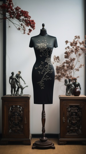 房间里的人体模型上的黑色丝绸旗袍，在中国新年庆祝活动的风格，有机简约，南北朝，极简主义特征，工笔，简单而优雅的风格，宗教建筑