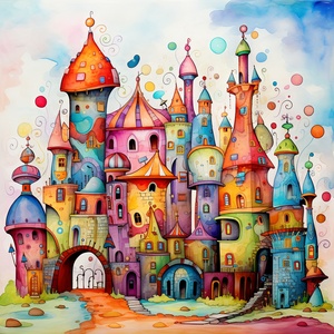 Whimsical Fantasy Illustration with Colorful Towers