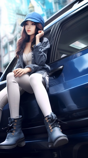 Aesthetic Blue-Haired Girl Sitting on Car Hood