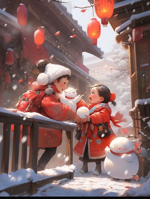 冬天，下大雪，可爱的小朋友们，穿红棉袄，打雪仗，堆雪人，中国风，瓦房，红梅，红灯笼，3D渲染，高清，超高品质