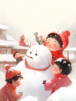冬日欢乐：可爱红棉袄的小朋友们打雪仗堆雪人