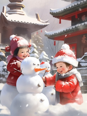 冬日欢乐：可爱红棉袄的小朋友们打雪仗堆雪人