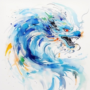 可爱的蓝色龙：动漫风格的水墨插图