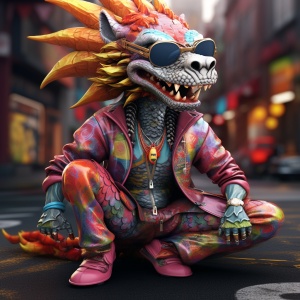 Pixar style, a humanized Chinese dragon wearing fashionable clothes, pants, and shoes, graffiti artist background, punk style, sunglasses, rich colors,masterpieces, ultra-high details, OCrendering, ar 3:4 v 6.0