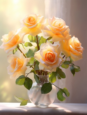 一束黄玫瑰插在花瓶里，采用背光摄影的风格，浅粉和浅橙色，逼真的效果图，单色阴影，浅白和浅橙色，美联社照片，柔和的焦点