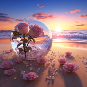 傍晚，太阳落山时，在闪耀的金黄色白色沙滩上，有几朵美丽的玫瑰盛开。白色和粉色的玫瑰花盛开在光滑的白色石头上，周围是一大片彩色透明的水晶。光滑、透明、椭圆形、心形、晶莹剔透的3D透明、银河、星空、海浪、超清晰8K、超广视野体积光、高清8K图像输出、清晰、8K、高清晰度、8K、高清。