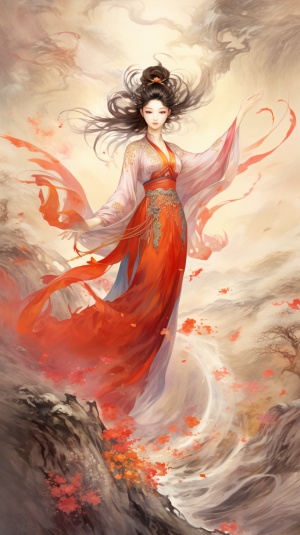 古装仙女，金龙飞翔，空中樱花，中国风元素