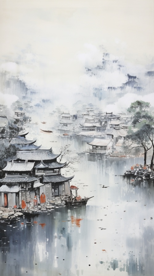 以吴冠中的风格呈现，抽象的古镇，河道小船，飘渺的感觉，传统中国画，水波纹反射。