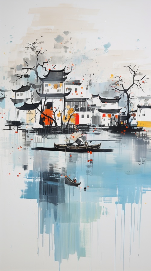 以吴冠中的风格呈现，抽象的古镇，河道小船，飘渺的感觉，传统中国画，水波纹反射。