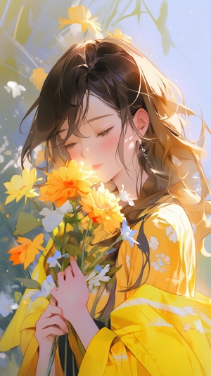 动漫女孩， 穿着黄色上衣和蓝色短裤的卡通女孩，手持粉色花朵，周围飘散着红色、蓝色和黄色的花朵。动漫风格，细节丰富