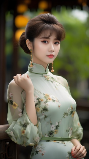 一个亚洲美女、20岁、浅棕色盘丸子头头发，正脸面对观众，穿着浅绿色花纹的修身旗袍，珍珠耳环、珍珠项链，全身照，站在花院中，顶级摄影师作品