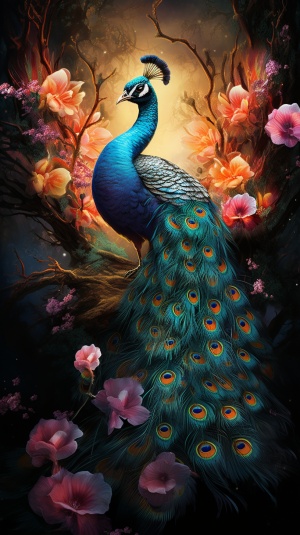 A peacock with spread wings, flowers around, in realistic and ultra-detailed renderings style, warm and cold contrasting colors, fluid and organic, charming illustrations, multi-layered, in ultra-detailed illustration style, surreal animal illustrations, psychedelic artwork, detailed character illustrations, dark background, Franz Mark, surrealistic animal illustrations, charming illustrations, HD 8K